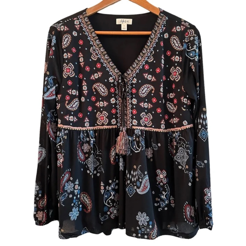 Style & Co. Navy Long Sleeve Boho Blouse with Paisley Pattern & Tassels Small - Picture 2 of 10